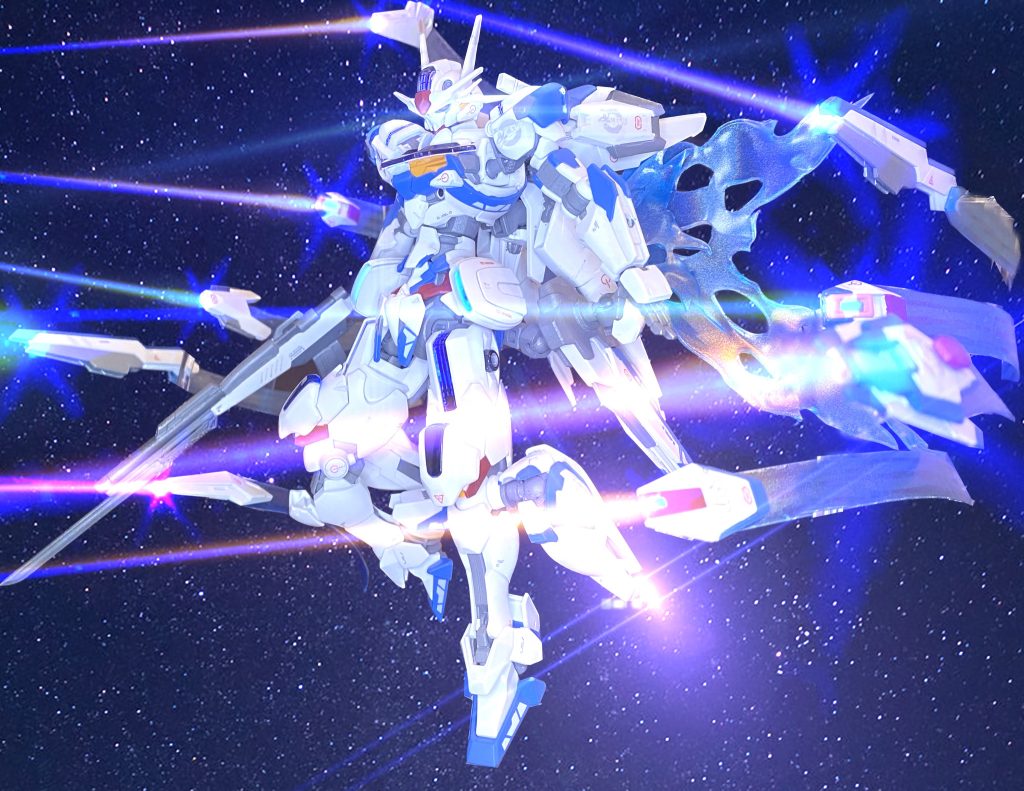 [オールビットオフ]GBNにおける本機の必殺技にあたる状態。この状態では、基礎性能が大幅に向上するほか、全身に配置されたビットステイブを展開することが可能となる。それぞれのビットステイブは、敵機の攻撃に自動で反応し防御、反撃を行うほか、3基ひとくみでビームバリアを展開することも可能となっており、発動中は鉄壁の防御力をほこる。発動時にはシェルユニットが蒼く発光するほか、バックパックからは余剰のエネルギーが溢れ光の翼が形成される。