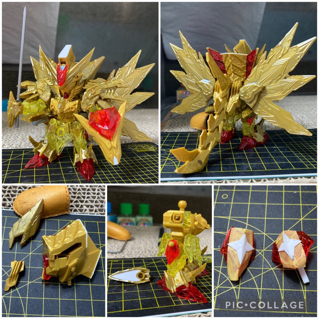 ・制作途中頭部は特にファイナルフォーミュラー寄りだったので色々減らしました。基本的に工作はキットの余りパーツやランナー、プラ板です。一部は以前サタンガンダムを作った時に余ったパーツも使いました。頭部は後ハメをしました。肉抜きはプラ板やUVレジンで埋めました。