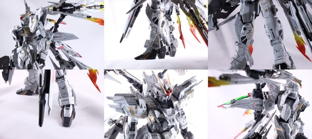 ディテールまとめ ジャスティスの腕を肩ジョイントをやや削ったのみでそのまま置換 スネ裏にもジャスティスのパーツを使用 膝の唐突な曲面を透けるまで削り面だし つま先延長 凹モールドより先は延長分 肩の元々のフィンを切り落とし新造 脇にしいたけ埋め込み マニューバとの接続部がスカスカだったのでアーマー追加で密度感上げ