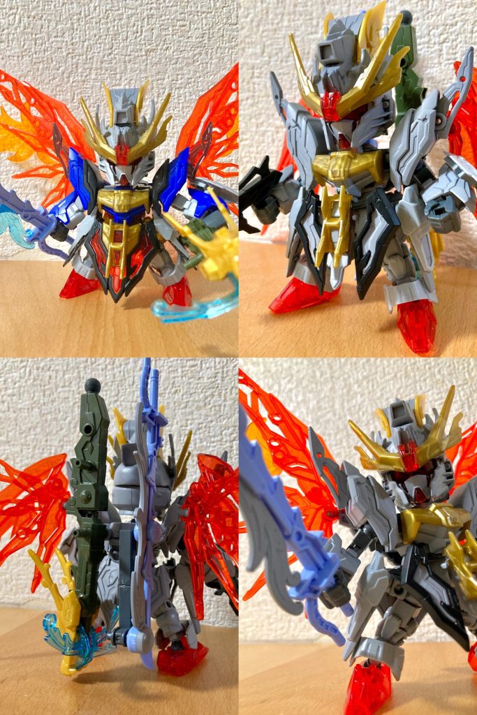 デスティニーガンダムの特徴的なアロンダイト大剣と長距離ビーム砲、光の翼エフェクトを強調し、干渉する装飾パーツや過大な文官冠は削ぎ落として動けるように調整しました。またビームシールドやパルマフィオキーナ掌部ビーム砲もHG1/144の余りパーツを所持してたので小道具として追加しています。
