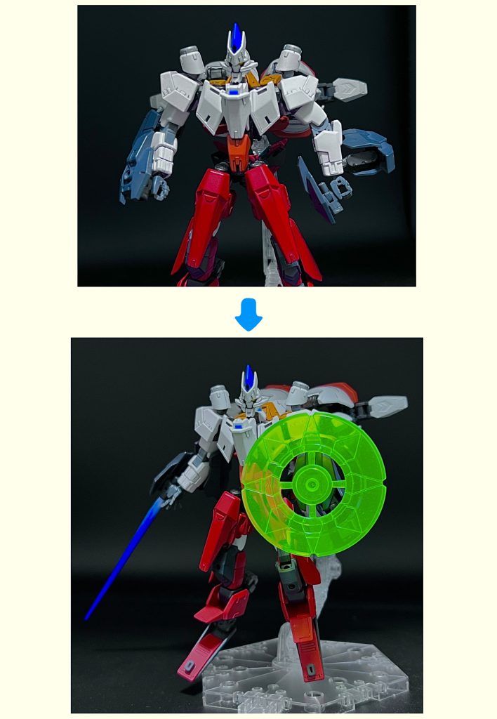 ⑥最後に両腕の装甲を変形、腕の形にして武器と盾を取り付ければ完成となります。最後の方無理やり詰めてしまい申し訳ないですが、ここまでご覧いただきありがとうございます。次回からエンリルリベレイト(修正型)を紹介していきたいと思います!