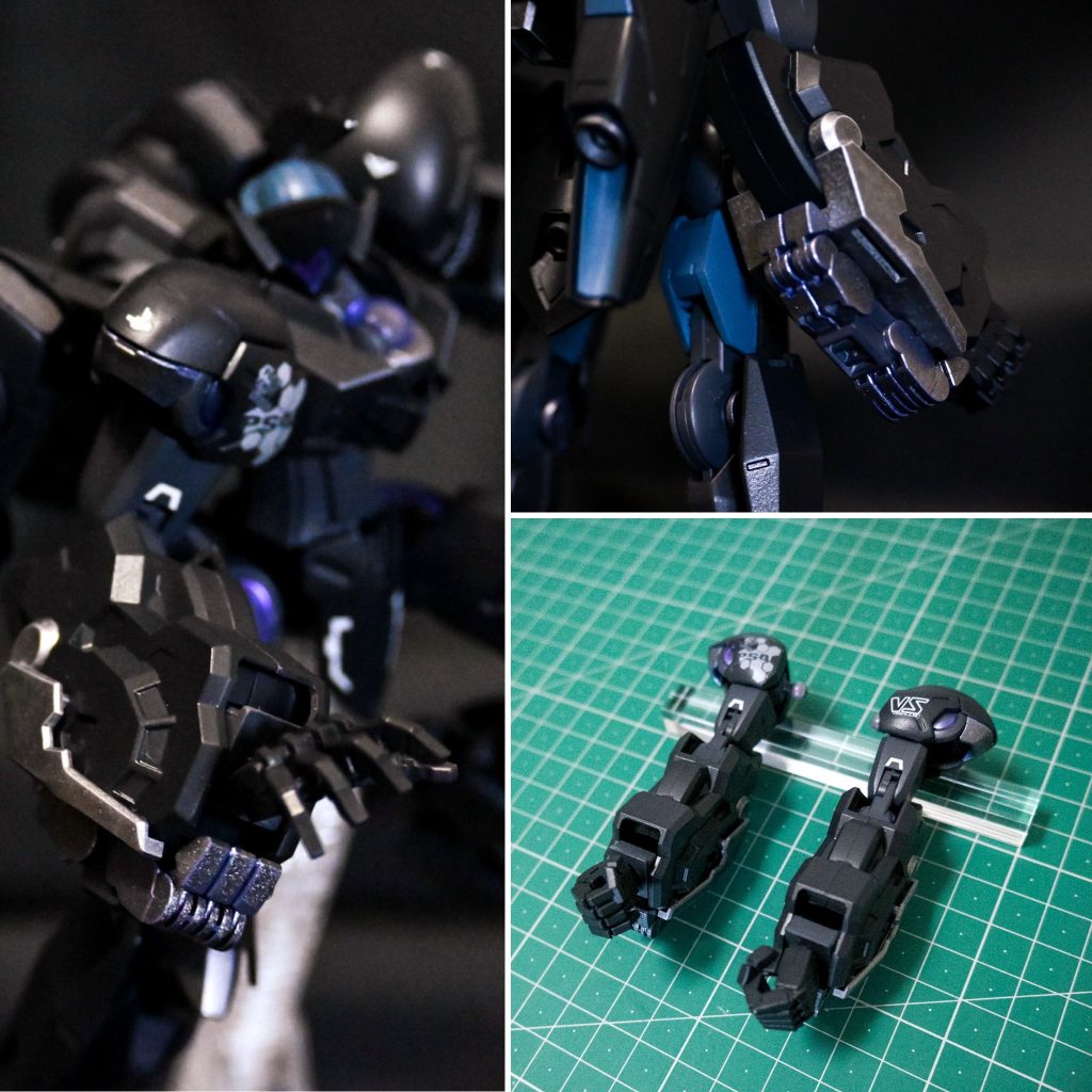 ■腕・手大きな腕、そう男のロマン。ダンタリオンTブースターから持ってきました。ただ元々Tブースターについていた手は裏側に移動させ、新たに30mmのオプションパーツを利用しています。殴る・武器を持たせるの握り拳と開いた手で表現の幅を広げたく採用しました。Tブースターの手差し込み穴に30MMオプションパーツの手の軸の太さが合わなかったためピンバイスで気持ち穴を広げています。【武闘派教官の一言】武器が少ない？ビームサーベルやライフルだと！？たわけっ！！己の体こそが真の武器！大斧二つ与えられているだけでもありがたいと思え！！ーーー