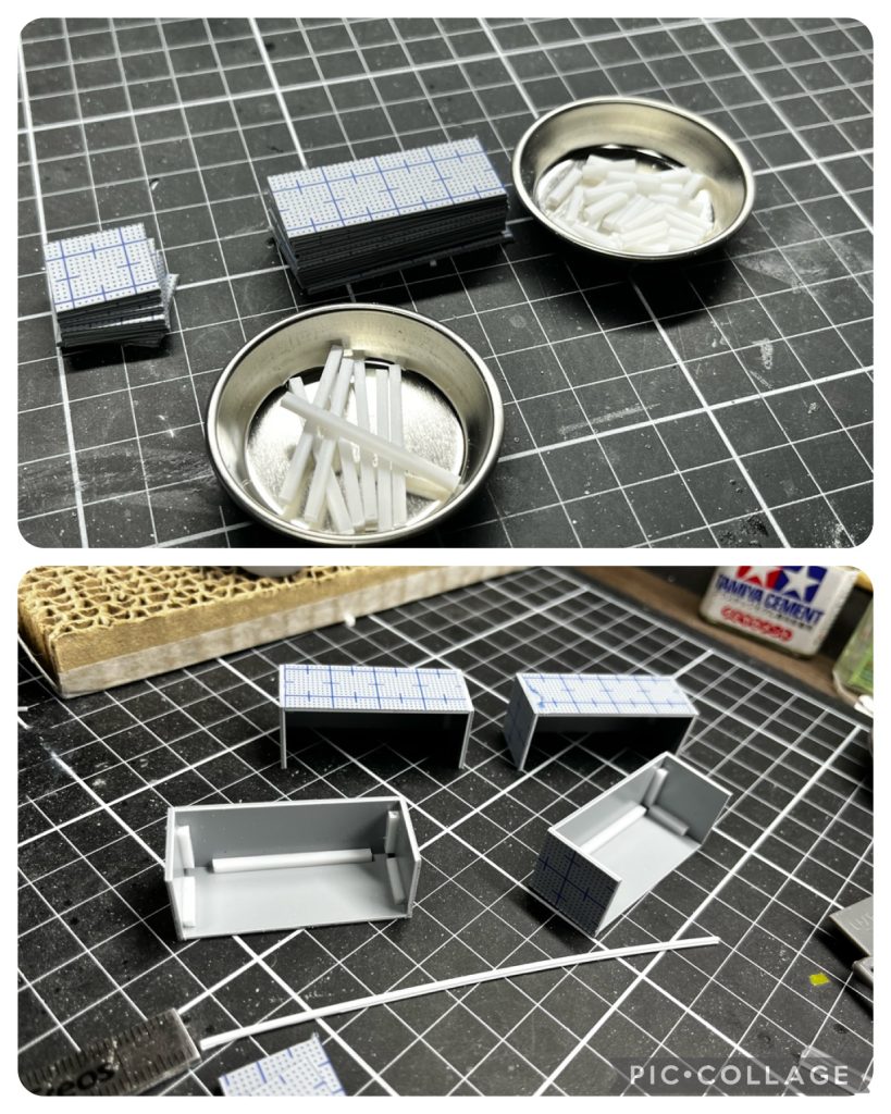 制作物「コンテナ」アメイジングカッター導入により圧倒的に作業が楽になりました。あと、ゴッドハンドのけずる刃(ブレード)も買ったんですが、エッジの出方、整面のしやすさが段違いでした。密かに実際のコンテナのサイズを調べて、144で割ったのでスケールはバッチリだったりします。