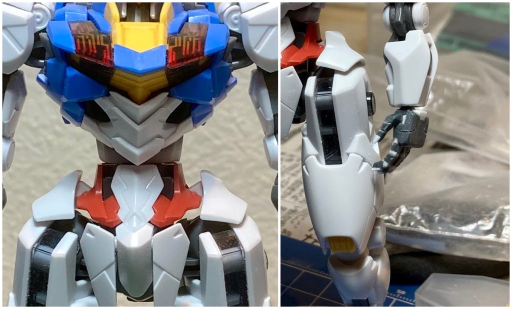 胴体を少し延長しましたが、エアリアルはカッコイイけど愛嬌のあるイメージだったので、あまり大きくプロポーションを変えずに製作しました。平手はビルドナックルズ角を改造しています。