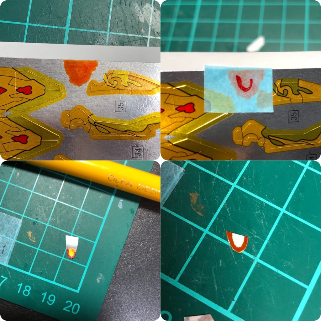 瞳はシールの余白にクリアーオレンジを塗って切り出し、アクリジョンのホワイトで白目を描いて貼り付けました。