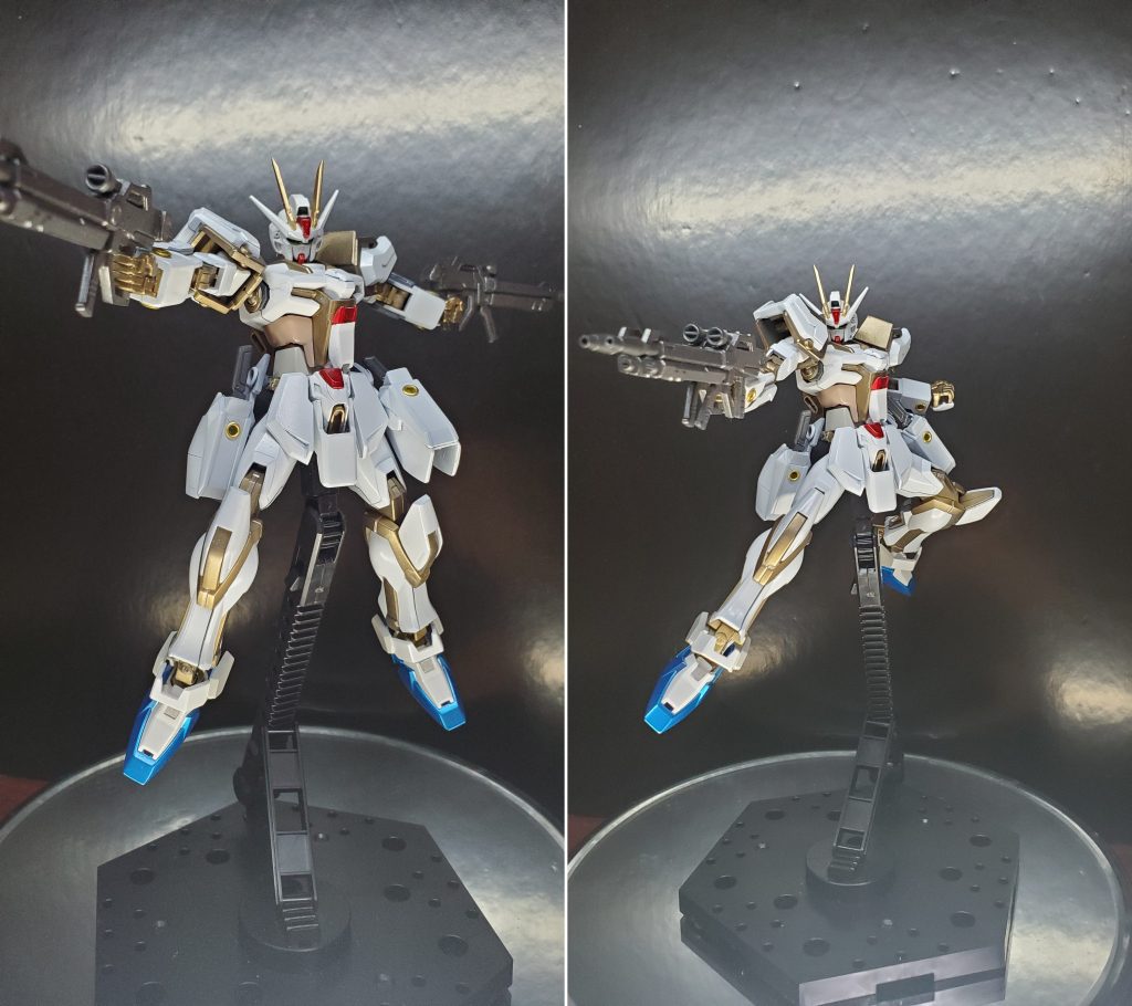 今回の素体ストライク。ノワールのストライクEにならってストライクR(Refine)と名付けました。キラ君が第一話で武器が少ないことに文句があるようだったので基本装備にビームライフルを2丁。SEEDっぽい名前を付けるならジュミーネアリスビームライフルってとこですかね。運用は小型のツインバスターライフルみたいなもんです。ここら辺ウイング要素ですね。さらにエールの様に背面マウントは無理があったので、腰部にラックを作成。ビームライフルとアーマーシュナイダーをマウントできるようにしました。インパルスガンダムと比較するとストライクは少し貧相なので装甲とディテール等を追加及び改造をしています。ストフリの技術を流用しているのでフレームは金。核動力です。じゃないとこんなビームライフル持てないんで