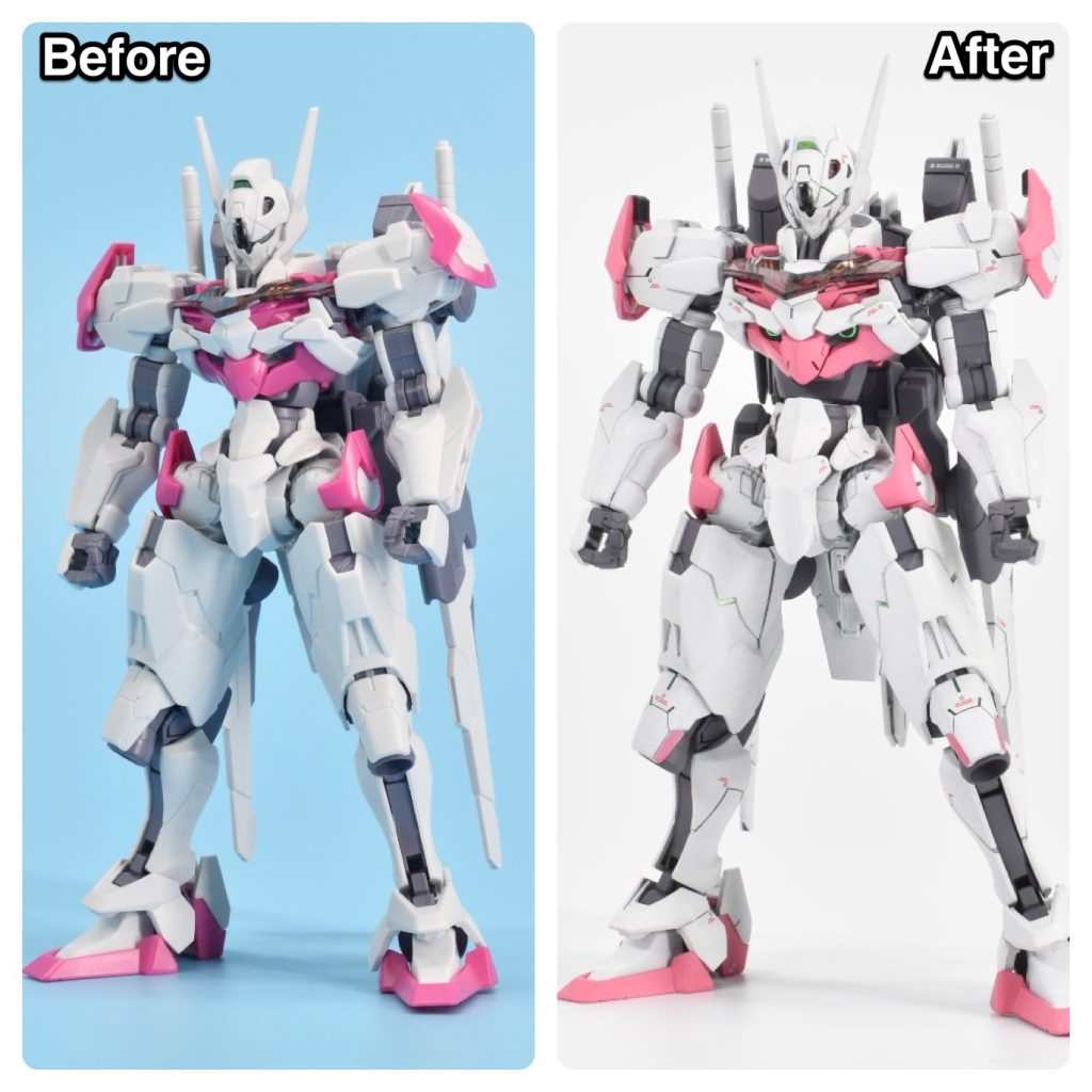 はじめにガンダムルブリスのビフォーアフターです!左側が仮組み、右側が完成後になります。