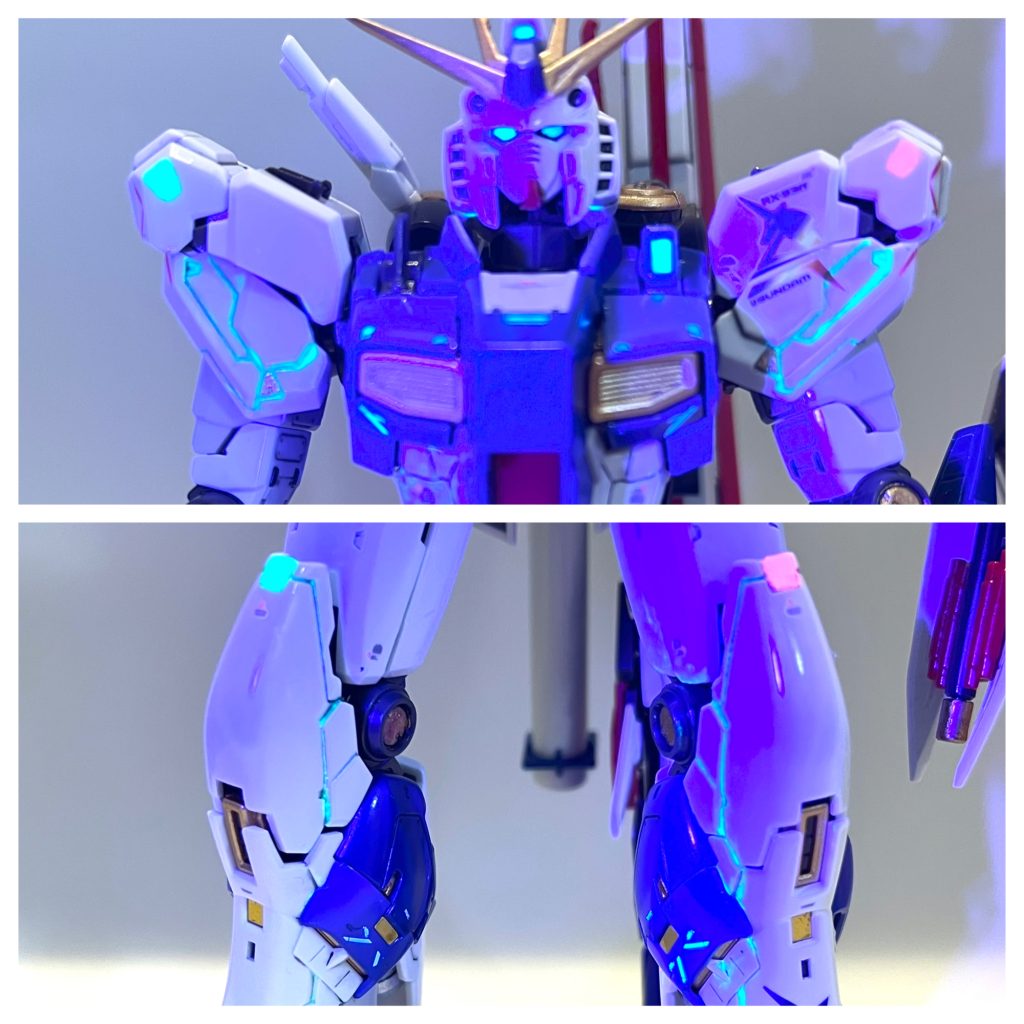 両肩、両膝のライトは付属のデカールが気に入らなかったので別キットのクリアランナーを加工してつけました！蛍光の墨入れと合わせてかなり気に入ってます！