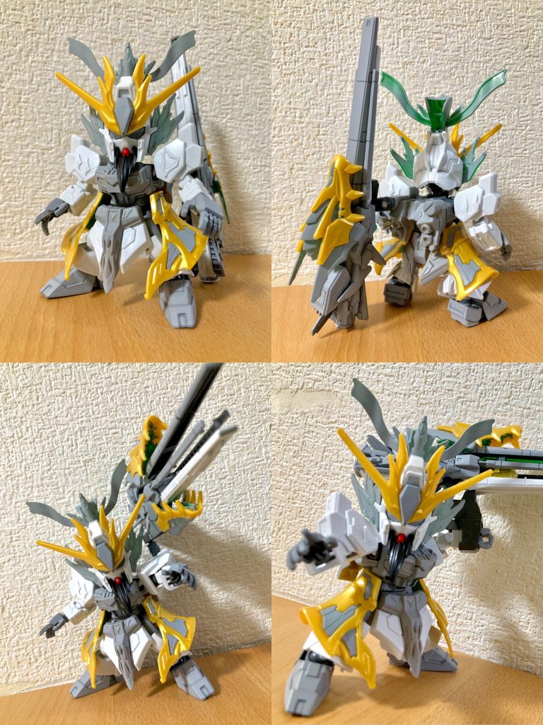 素体は関羽雲長νガンダムで、背部ロングレンジフィンファンネルと個性的な平手パーツ、マーキングシール等をBB戦士福岡νガンダムから使用しています。