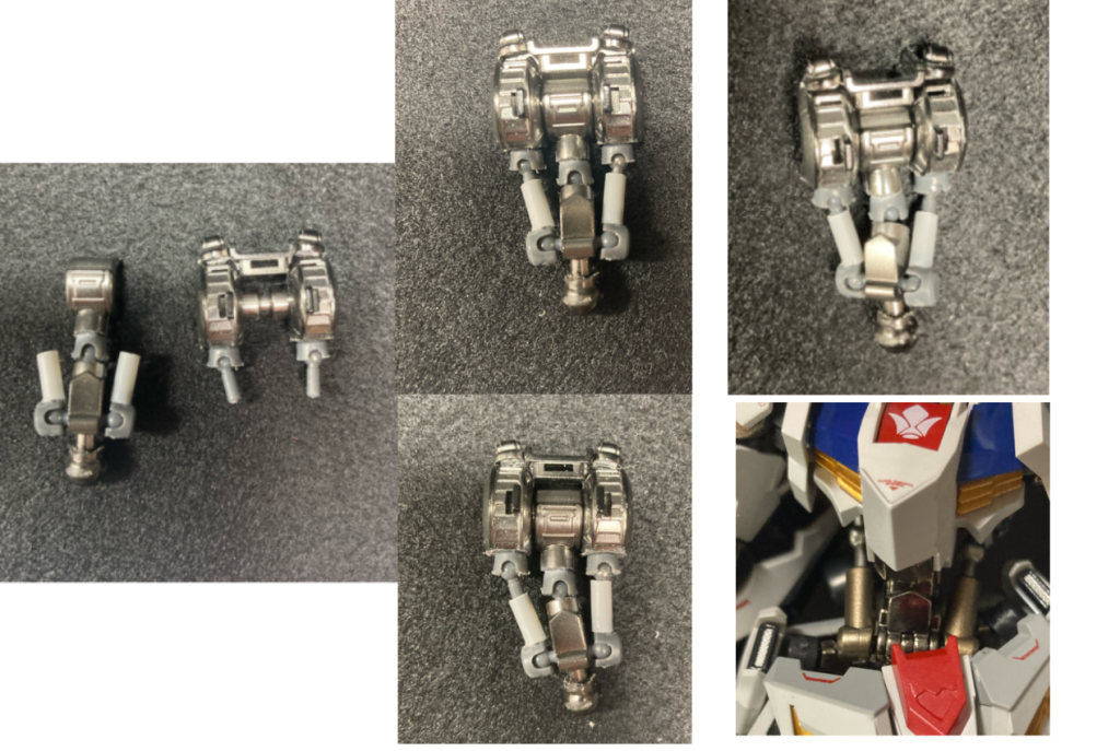 内部フレームと改修したシリンダー部です。(右下の写真は本物のメタロボです)腰フレームにボールジョイントを組み込み、胸の可動を追加これでシリンダーが伸縮できるようになった上、更にフレームを延長することが出来ました。アスタロトオリジンの時と比べ、よりメタロボのフレームに近くなりましたね。