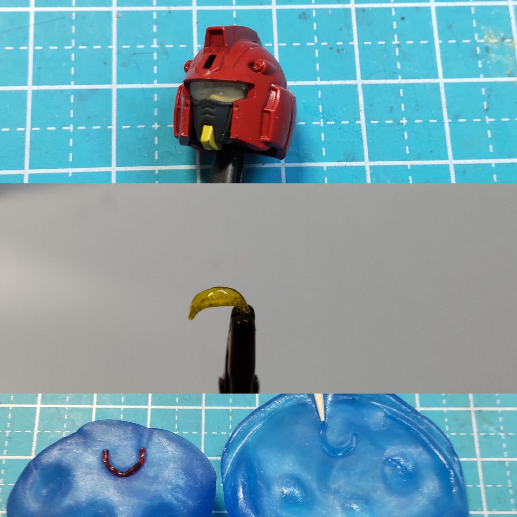 イングリッド機のゴーグルはイエローなのですがキットのゴーグルはレッドだったので、おゆまるを型にしてUVレジンで複製し、クリアーイエローを吹いて仕上げました。一番上のはまだ塗装前なので透明です。