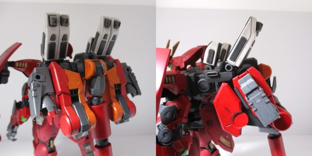 変形の要の(と言うかほぼここしか変形してない)バックパックは、メイレスビャクチの下半身とMSGなど。本体にくっついてると見難いので、以下に各形態の時の形状をUP