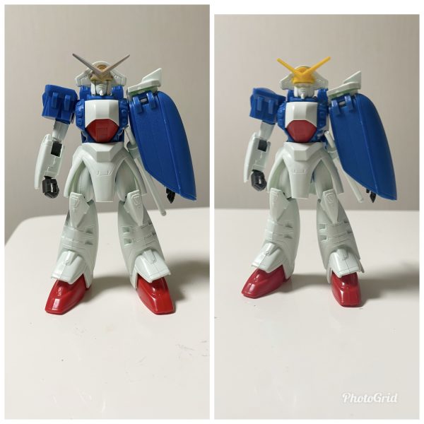 ガンダムローズ顔弄り、3枚目が比較。今まで5種類のGガンダム旧キット触りましたが、一番なんか違う感。ひさしを中心付近に0.3mm盛って、さらに中心に0.6、中心部では最大0.9mm盛って、瞬着盛って削り出し。概ねイメージ通りに。ひさしはちょい下げ、顔面は切り出して少し奥に（3枚目）