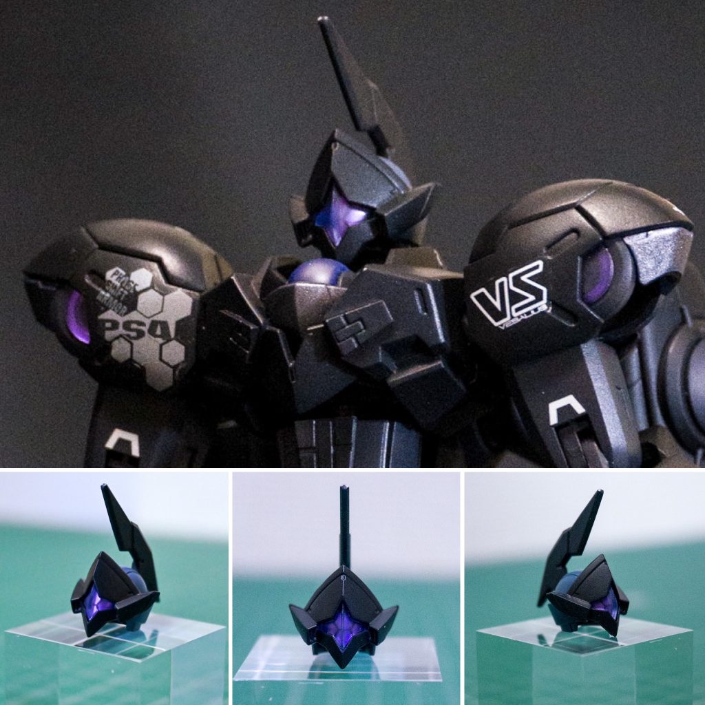 ■頭部特別な何か手を加えているわけでもなく、ただ塗りました。ミステリアスな雰囲気のあるイケメンですね。【武闘派教官の一言】悪くない顔立ちだ。白から黒に変えたあたり、軟弱さが薄まって私は好きだな！ガンダムぽくないところがいい。まぁそれはさておき、肩のその「VS」はすごくいいな！戦う感じがして気に入った！