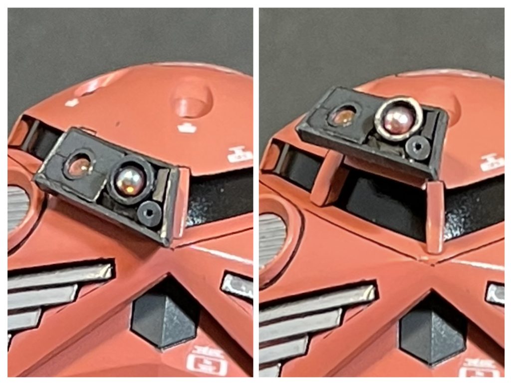 テレビ版第30話では、シャア専用機が第二次攻撃隊のアッガイ部隊を率いてふたたびジャブローに潜入。その際モノアイも修理されています。シャアは、隠密行動により、ガンダムに邪魔をされずに作戦を成功させるために、スコープとビームライフルを装備することになったわけです。