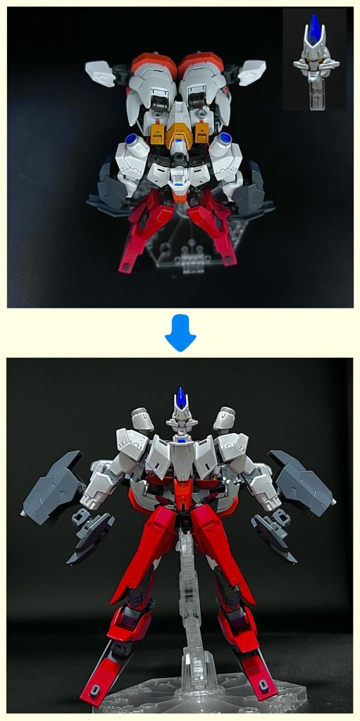 ⑤エンリルの頭部の部品を取り付けて、両腕の装甲を展開させます。