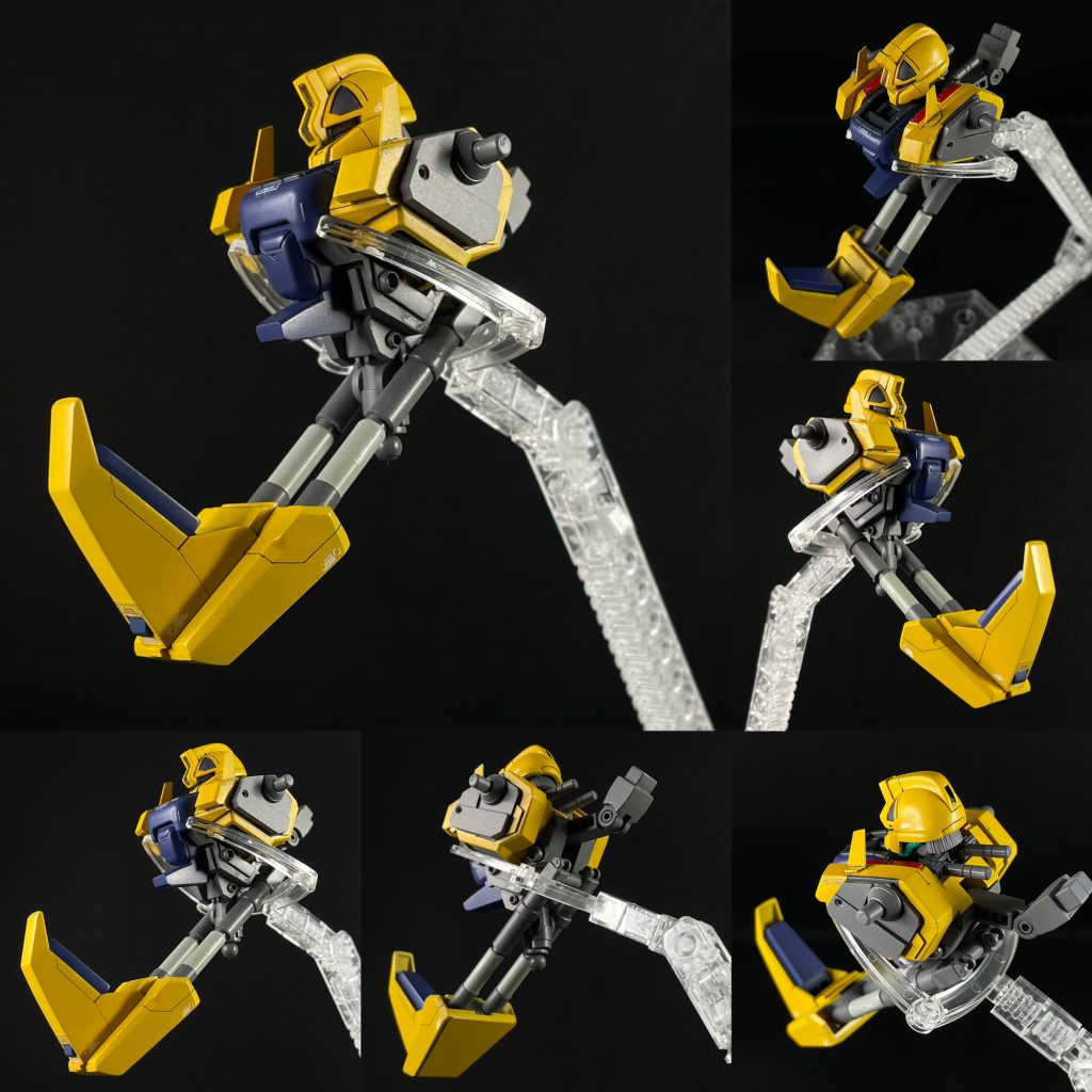 ⚪︎頭部・前後に2mm延長・左右頬とアゴは削り込み 小顔化・モノアイは市販品に変更・モノアイスリットは彫刻で制作⚪︎胴体・胸ブロックを三分割し、切断と削り込みで 幅つめ・胸ブロック中央は フレーム解釈し、ディテールアップ・顎を引けるように、首下ディテールを一部 切り取り・肩位置を上げる為、フレームパーツを自作⚪︎腰部・腰のフレームに関節技を仕込み 前後左右に可動化・腹のシリンダーを延長・股間ブロックを大型化・股間軸を左右幅つめ