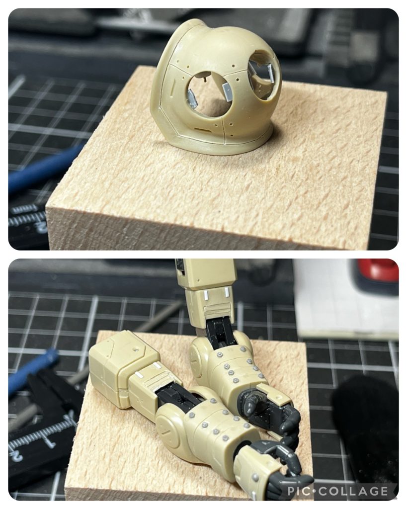 肩アーマは前作同様ステップドリルで穴あけ、裏打ちしてから丸モールド。腕は二の腕の部分に彫り込むことでモールドを作ってみましたが普通に失敗。塗ったりして誤魔化しました。