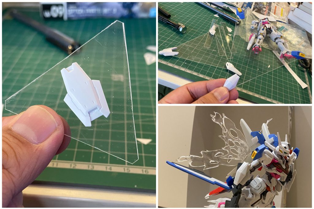 シールドビットやビットステイブのバリア、光の翼は、プラ板を切ったものを使用しており、光の翼は蝋燭の火で炙ることで、光の翼らしい形状になるよう工夫しています。