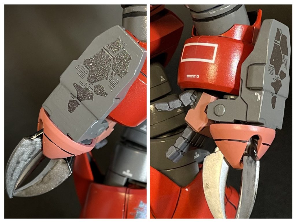 とは言っても、ズゴックのアイコニック「アイアン・ネイル」を簡単に取り去るわけにはいきませんそこで前腕部側面にミニシールドと共に装備しました。ちなみにコレ取り外し可能です♪