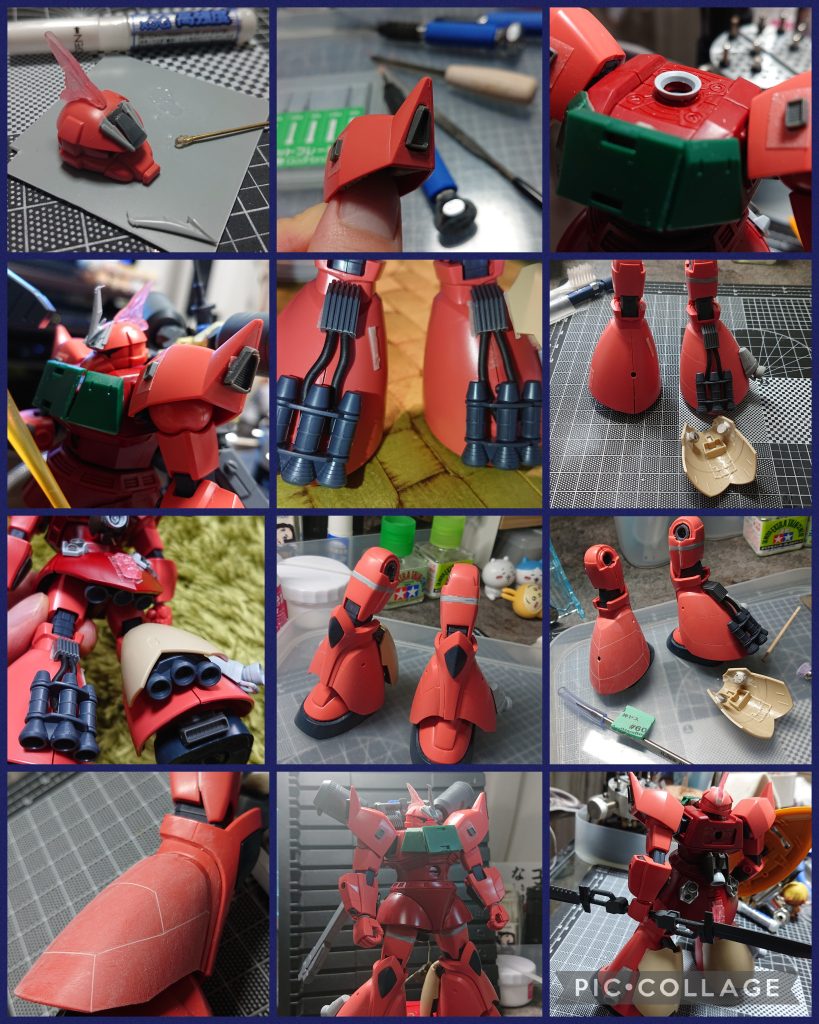 ベースはシャア専用ゲルググでした。とりあえずゲルググイェーガーっぽくしたいという事とスタイル改修(延長工作)をやってみようという事で着手しました🙋胸部強化装甲パーツは鉄血のオプションパーツを適当に切り離して組み直したものです。そしてふくらはぎの追加装甲はガルバルディリベイクから持ってきました。