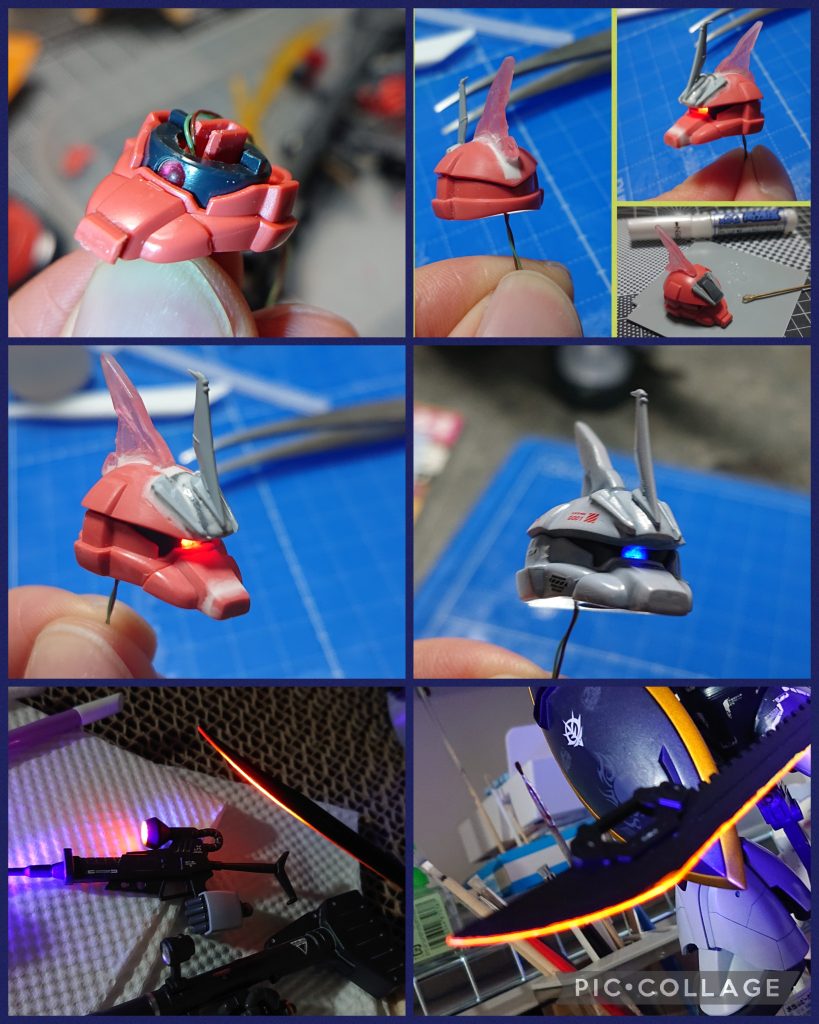 フェイス部分はこれまたイェーガーっぽくしたくて口先？をプラ板貼って細長く延長させたり、とさかをコンバージのゲルググイェーガーのものからおゆまる&レジンで複製してくっつけたりしました。モノアイLEDは当初レッドで考えていたのですが、塗装後になんとなく気分でブルーにしてみました👀ヒートソードはアクリジョン蛍光塗料のレッドとイエローを刃先に塗ってます。