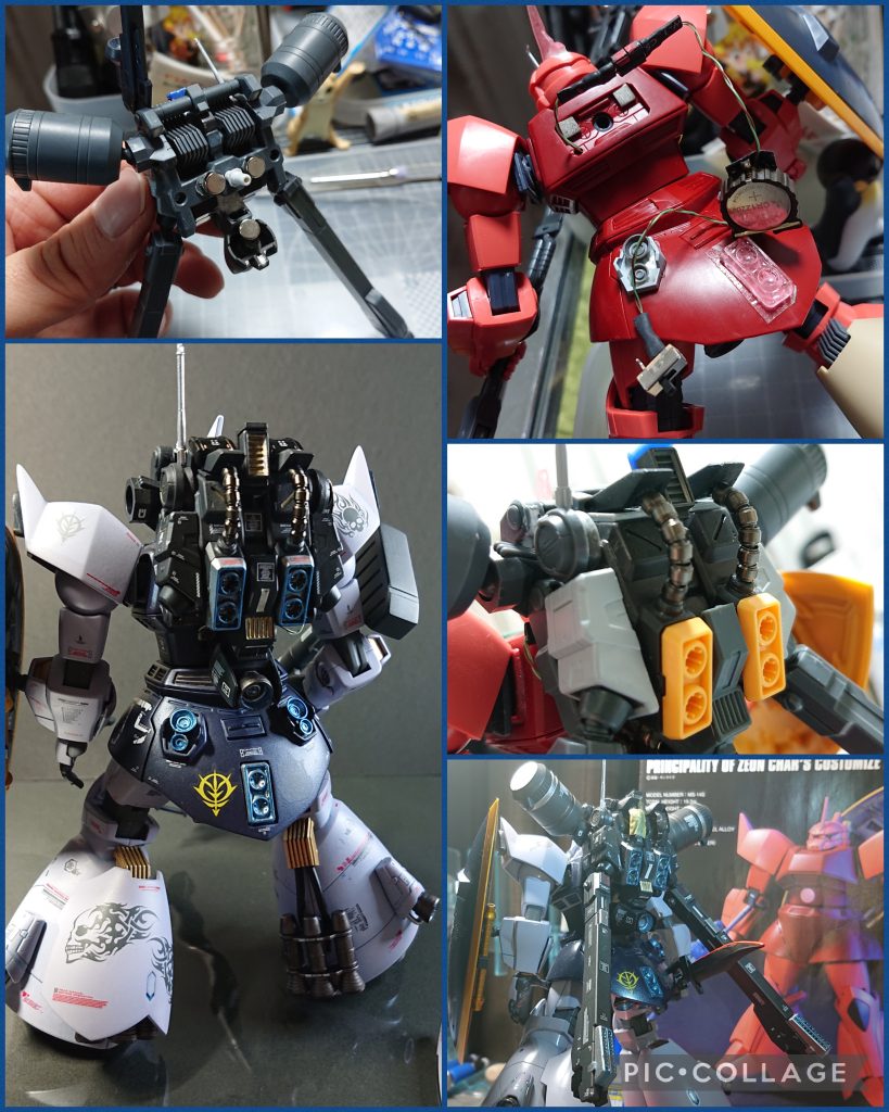 バックパックは色々なパーツを盛りつけまくって高機動型バックパックに仕立て上げています😅メタルパイプは質感の違いが出るかなと思って中に針金を通して設置してみたのですが思ったほどでもなかったです。。😳💦なお、写真にもあるとおり、バックパックは軸１本で接続は心もとなかったので、ネオジム磁石を埋め込んでしっかり取り外しできるようにしてあります。