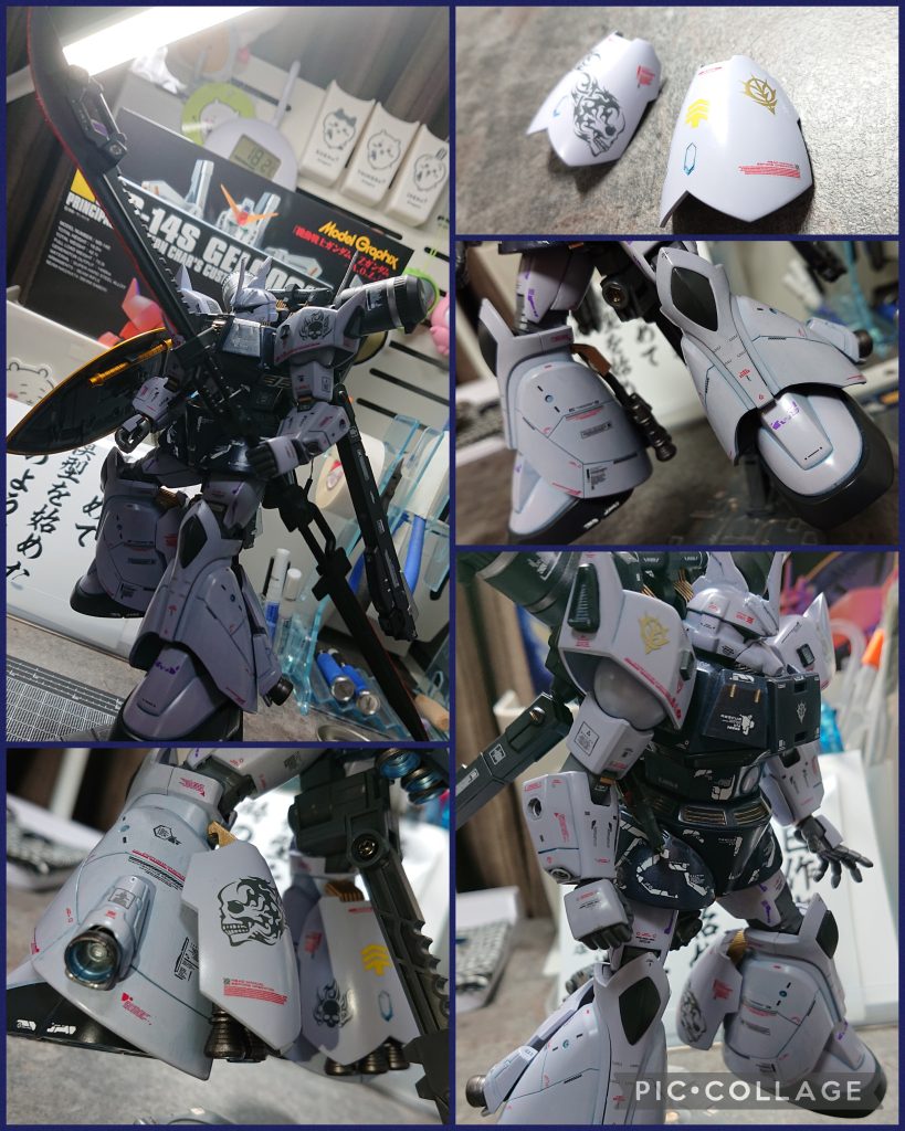 デカールを自分の中でこれでもかというつもりで貼りました。今回はプロの作例やMG作品などを参考にしながら自分なりのバランス感覚で貼ってみました。ドクロ💀は少し勇気が入りましたが、結果的にはこの配置で満足しています☺️