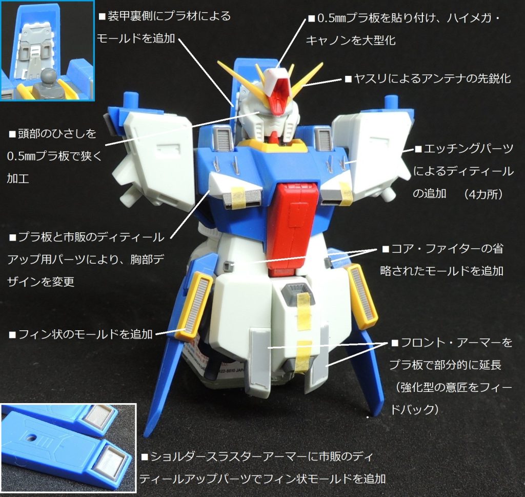 プラ板やプラ材を貼り付けたり、市販のディティールアップ用パーツを加工して取り付けたりしています。