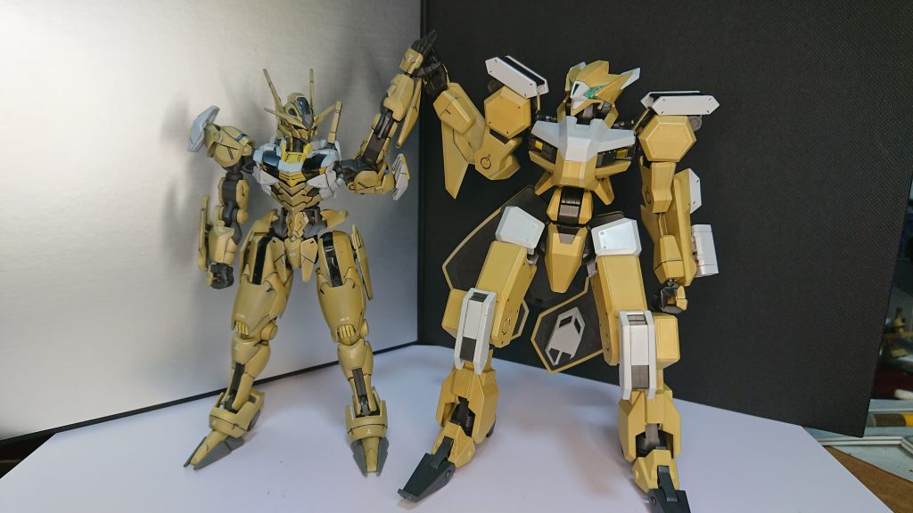 この２機体は兄弟機、というか姉妹機ですから（中の人的な意味で）せっかくなので記念撮影。しかし、エアリアルが小さいのか、レイキがでかいのかｗ境界戦機はまあいろいろ言われて、水星の魔女は２期の始まりが怖いことになっちゃってますが、望みは捨ててません。どんな現実が突きつけられようと「それでも」と言い続けます。…UCのセリフですがねｗ