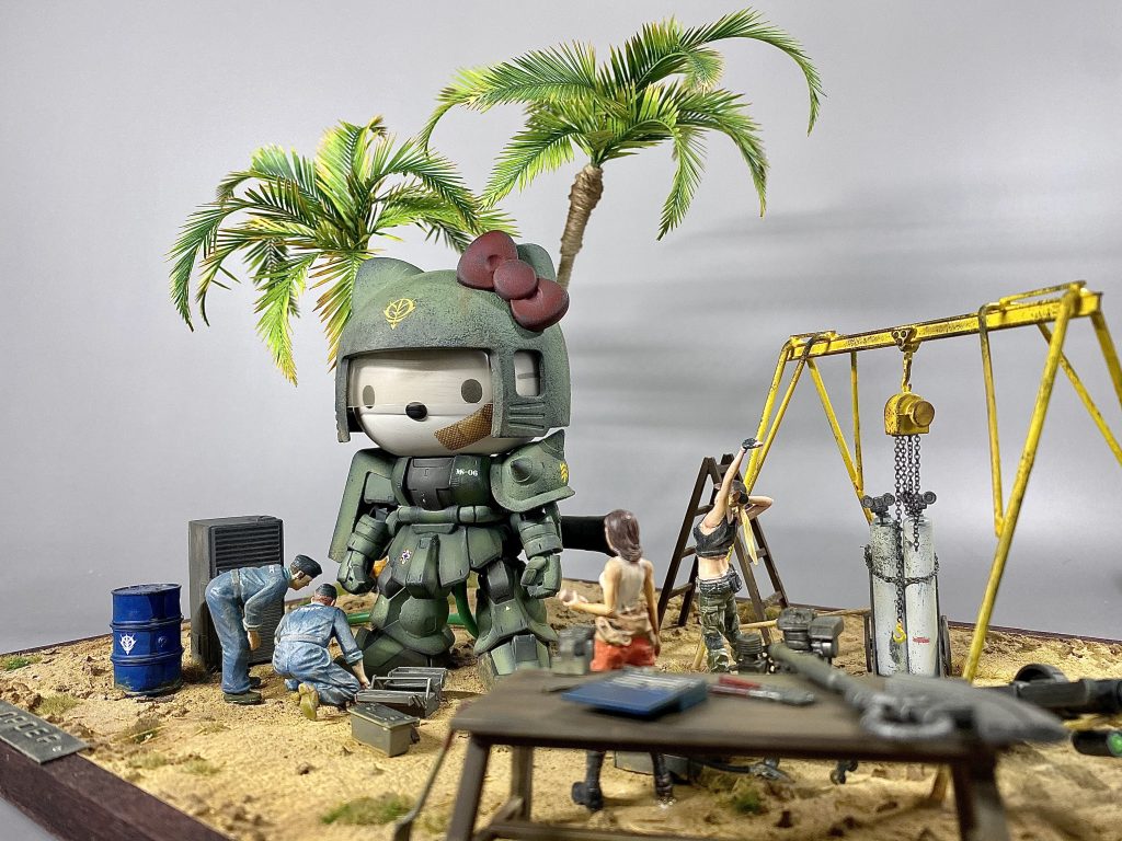 結局手間も時間もお金もかかったジオラマが完成しました。女の子達がロボットを使ったサバイバルゲームに熱中、マシンの調子が悪いのでエンジニアが修理中です。当の女の子達は飽きてしまって、別の熱中できる趣味を模索しかかってる…みたいな感じ。