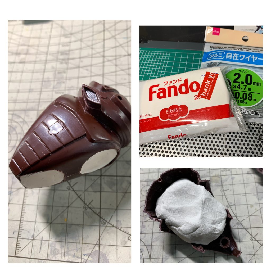 制作工程です。今回はフィギュア作成などに使われる石粉粘土を使用しました。アッガイの中に石粉粘土をブチ込み、そこに針金を骨組みとして手足を取り付けました。