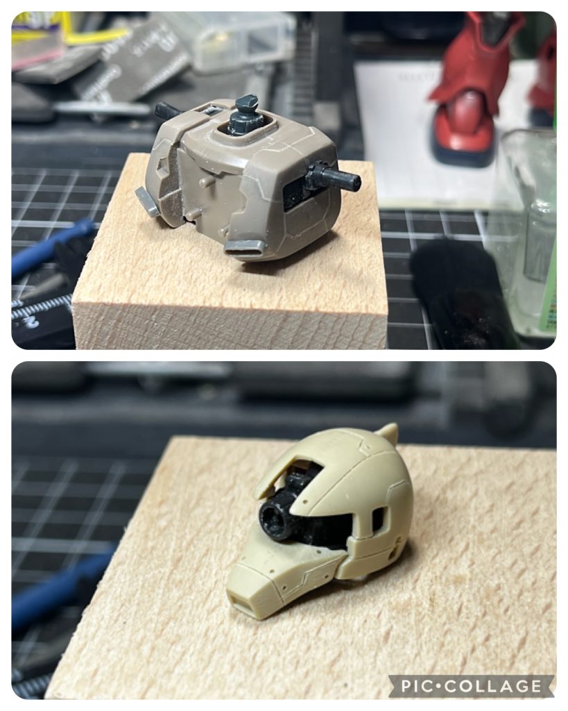 頭部、胸部は下半身に比べて大きい感じがして、かなりアンバランスだったので、一部は光にかざすと透けるくらいヤスって小型化させています。胸部はその際、オリジン版のザクの胸部パーツをイメージしてやすりながら形状変更しました。