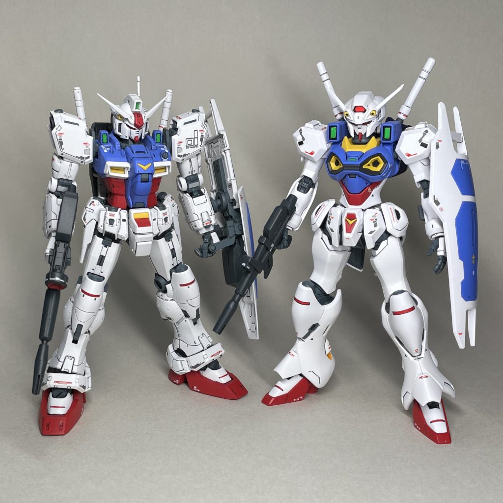 RG GP01と並べて まえ どちらもガンダム開発計画の機体なので、色をそろえて製作しました。