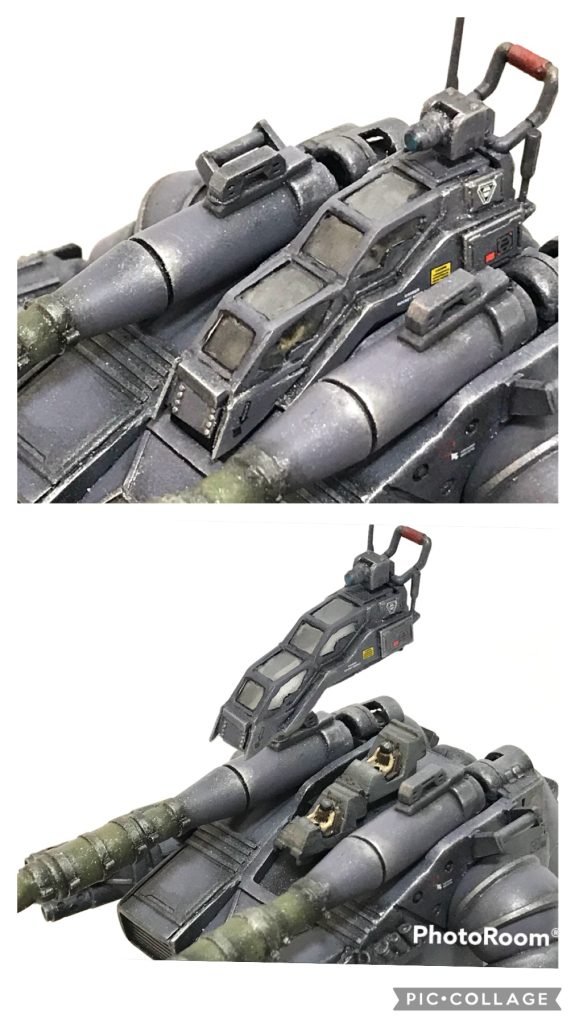 複座タイプのコクピットです。オリジナルのキャノピーよりも角張った戦闘ヘリのキャノピーが現代兵器の延長ぽく感じられ、よりミリタリー感が増すと思いました。ダグラムの要素を取り入れるのも魅力的に思いました。パイロットは申し訳程度しか塗ってません💧コクピットは2つ連ねただけの手抜きです💧💧(キャノピー越しに見る分には十分かと..)緊急時は007に出てきたティーガーヘリの如く、キャノピーごとコクピットが射出されパラシュートで落下します(笑)。