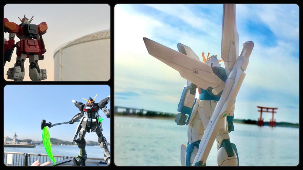 【オマケ写真】各ロケ地は以下の通りです。デスサイズ［海］⇒神奈川県・横須賀港湾ヘビーアームズ［ガスタンク］⇒東京都立川市・東京ガスサンドロック［砂漠・昼］⇒鳥取県・鳥取砂丘アルトロン［岩場］⇒神奈川県・鷹取山プチッガイ⇒家の庭ヘビーアームズ［ガスタンク・夕方］⇒神奈川県・川崎コンビナートデスサイズ［飛行場］⇒羽田空港第２ターミナル展望室アルトロン［岩場・仏像］⇒神奈川県・鷹取山サンドロック［砂漠・夜］⇒静岡県浜松市・中田島砂丘５機全体⇒東京都千代田区・和田倉噴水公園《撮影秘話》サンドロックは２０１９年の冬の満月の日を狙って鳥取砂丘に行ったんですが、夜はあいにくと雨で撮影断念。翌日昼は多少湿ってたものの何とか撮影できました。天候がほぼ決まる３日前にまた飛行機が取れるとは限らないので、夜の満月撮影リベンジは直前でも予定が組みやすい新幹線でも行ける日本三大砂丘の１つでもある近場の浜松市・中田島砂丘に変更。鳥取から２ヶ月後、浜松の当日の天候は雲一つない満月の空で絵的にはバッチリだった代わりに、撮影のベストポジションの砂丘の頂上はとてつもない強風で輸送バッグやら軽いガンプラが飛ばされてそのままゴロゴロと太平洋までぶっ飛びそうになって慌てて拾いに駆けまわったり、砂嵐で顔に砂がビシビシ当たるし真冬で寒いし…。泣きそうになりながら風が弱まったその一瞬を撮ったものです。おかげで防塵対策なんてしてないサンドロックをホテルに帰ってから全部バラしてオーバーホールしてみたら……ひとつまみできるくらい砂が入り込んでてまた泣きそうになりました(´°̥̥̥̥̥̥̥̥ω°̥̥̥̥̥̥̥̥｀)羽田のデスサイズは背景に飛行機が映ってるとサイズ感が変になってしまったり、日照の加減が難しくて２回行ったり。プチッガイは当初は白いワタで雪を再現しようとしてたら、撮影予定日になんとホントに雪が降って積もってるじゃないですか！？せっかくなので本物の雪で撮りましたw５機最終カットはロケ地探しが中々大変でした。背景に複数のビルがある所が最低条件で、尚且つ縮尺に影響が出る木が多過ぎず近過ぎず、周囲に人が映らないアングルが確保できる場所となると、都心の公園で該当する所はそう多くなかったです。各地では撮影時に膝ついてローアングルで撮ったり、ディスプレイ台を片手で持ち上げながら撮ってたりしてると周りの人から奇異な目で見られたりして何とも言えない気持ちに…。今でこそ推し撮影旅行は割と認知されてきてるものの、これも至高の１枚のためにと自分に言い聞かせて耐えましたwオマケのＧＸは浜名湖です。ゆるキャン△でしまりんが来た国道１号線・浜名大橋と湖中の鳥居の浜辺です。 