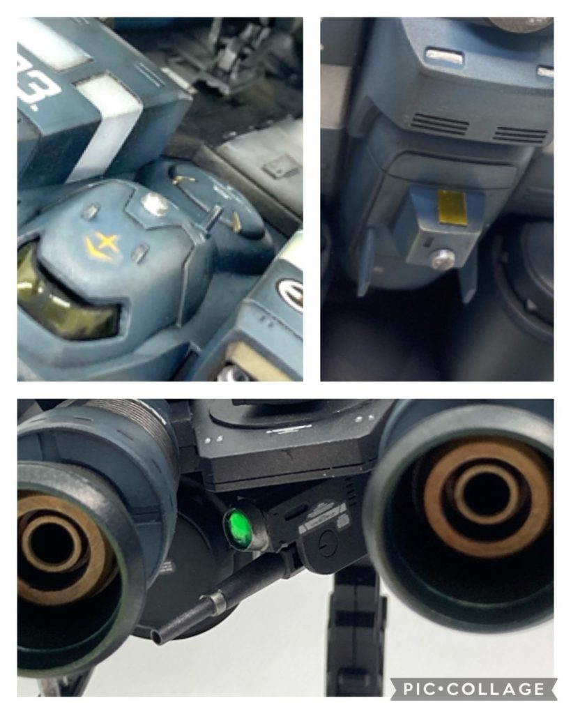 ミノフスキー粒子散布下ではレーダーが使えず、有視界航行となるため、視界の確保が重要となります。そこで機首上部と下部にはカメラを追加。(WAVEの丸バーニアにクリアレジンを流し込んで制作)機体後部にはコトブキヤの機銃を追加。追撃された際にも攻撃や牽制ができます。ここにカメラも追加し、後方の視界も確保しています。