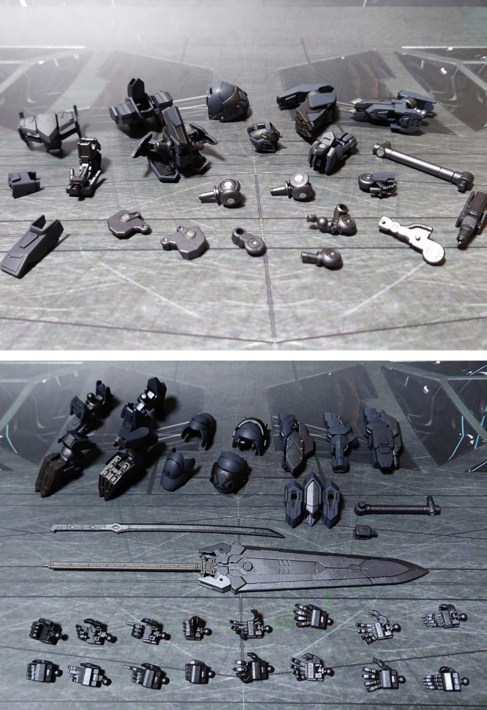 ディティールアップ埋め込み箇所と、付属品一式。第1形態の左腕も用意しましたが、メイスは不採用。