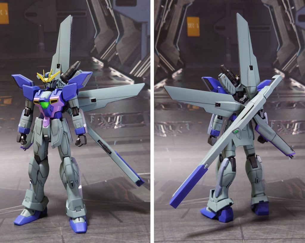 ガンダムX(オリジナルカラー)の前後ろ。■塗装レシピ白:黒サフ→ライトブルー→つや消し濃紫:黒サフ→ブルーバイオレット→つや消し薄紫:黒サフ→MSパープル→つや消し黄:黒サフ→シルバーリーフ→クリアイエロー(3回)→つや消し銀:黒サフ→シルバーリーフ→パールライトブルー→光沢リフレクター鏡面部:シルバーリーフ→パールライトブルー→光沢関節等グレー:黒サフ→ブライトガンメタル→つや消し胸部クリアパーツ:蛍光グリーンポリキャップ、ABS製パーツ:PPプライマー→(首関節とサテライトキャノン支持アームのみ)黒サフ→ブライトガンメタル→つや消しセンサー類:キット付属シール、市販シール素材を使用(トップコート後に貼り付け)その他部分塗装、墨入れ:ガンダムマーカー各種(トップコート前に実施)ビームサーベル刃エフェクト:根本側にベースホワイト→先端側にメタリックグリーン→全体に蛍光グリーンサテライトキャノンエフェクト:球状の部分、先端部分、棒状部分に薄くベースホワイト→先端部分の縁にメタリックブルー→全体に蛍光ブルー