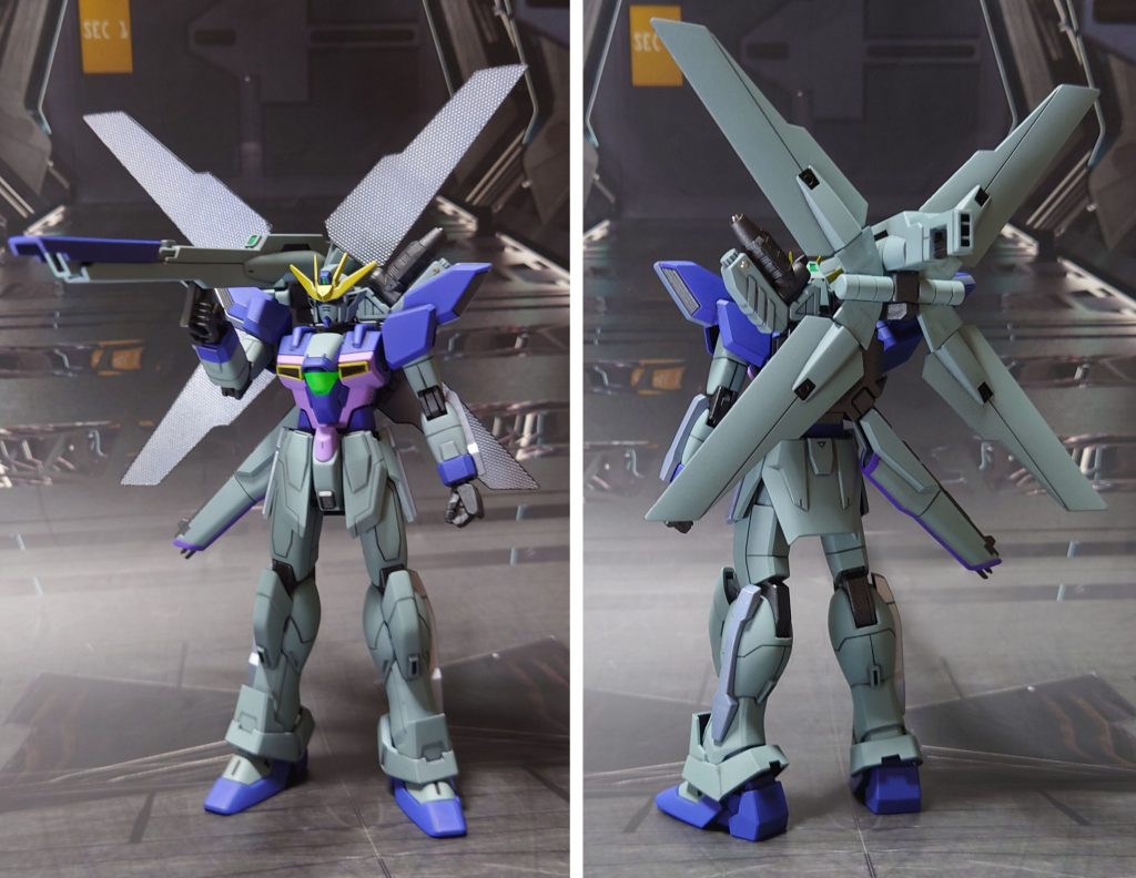 サテライト・キャノン発射体勢で前後ろ。TVシリーズ放送当時の1/100HGのイメージから、普段は光ってないエネルギーコンダクターをパール光沢で塗り分け。X字リフレクターも同じ色で塗ってみました。