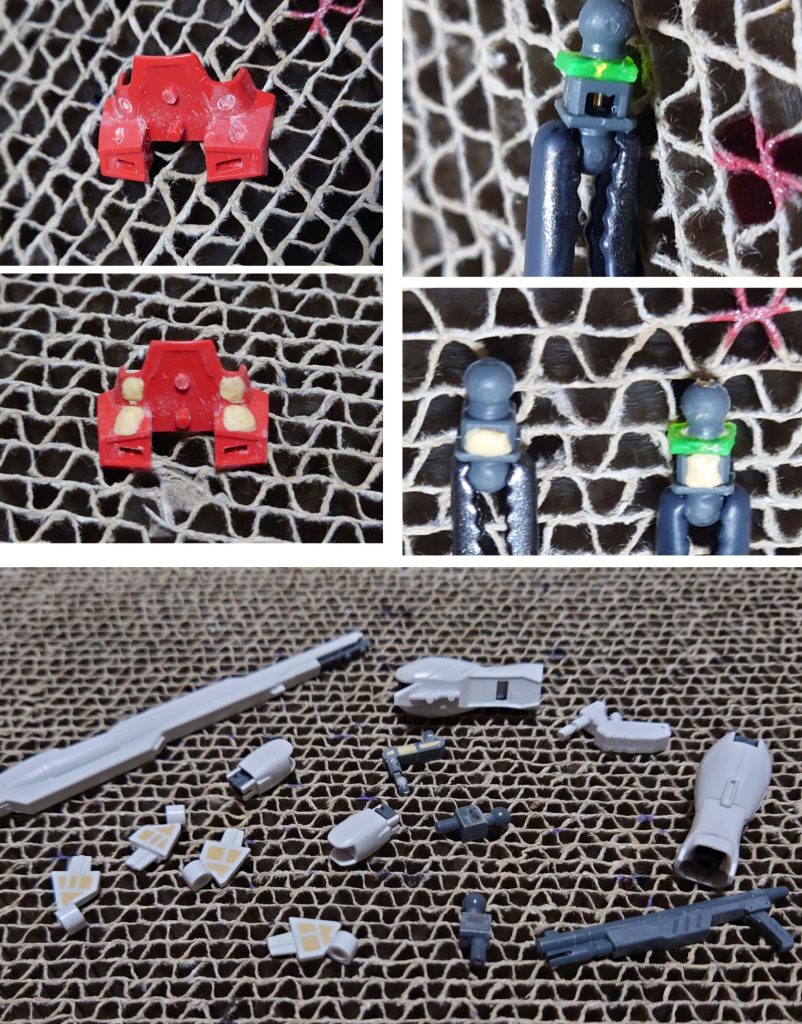 塗装以外の工作としては、肘関節と前腕の後ハメ加工、各所の肉抜き穴埋めと合わせ目消し、段ズレ・ヒケ・パーティングライン対処を実施。追加で実施したパーツ形状変更は下記の通り。①胸部ダクトを削り込んで少し小型化、胸部パープル部に埋まっている感じに変更。②リフレクターを綺麗に閉じるためのピンの見映えが悪いので、肉抜き穴埋めついでに削り落とし。③首のポリキャップを上に幅増しして首を延長。④膝の三角モールドを削り落とし。⑤胸部バルカン砲を削り落としてエポキシパテで埋め(穴開けのときに失敗したので)。⑥腰フンドシ部のダクトを削り落として市販パーツに置き換え。⑦ショルダーバルカンをガトリング式から(見た目は)単発式に変更。⑧ショルダーバルカン基部の端にあるディティールを市販パーツに置き換え。⑨手首にビルドハンズ(角)Sサイズ一式、可動軸に真鍮線を入れたものを追加。⑩ビームソード刃にRGサザビーのビームサーベル刃を追加。