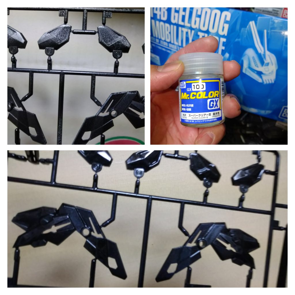 途中白化してやらかしたパーツです。クレオスのGXクリアを薄めてエアブラシ塗装でリカバリーできました(´・ω・｀)
