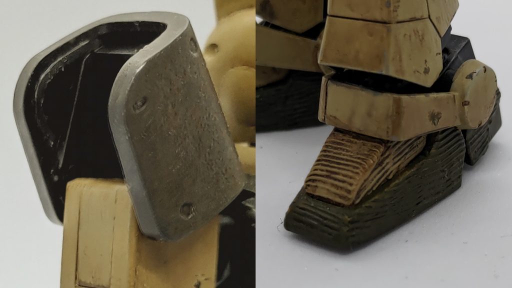 ドムの肩は装甲の裏に、四角プラ棒で、三角が互い違いに組み合わさったような、鉄塔のような(名前とかあるの？)フレームを自作。ほぼ無意味ですがチラっと見えたときがカッコいいので気に入っています。また鋳造をイメージして溶剤で溶いたパテを押し付けてザラザラにしています。 足は初めてツィメリットコーティングに挑戦してみました。陸戦型だからやってみよう、というだけで深い意味はありません。左右の足で加工されている部位が違いますが、現地調達で使っていると思うと多少、加工されている部位が左右非対称なのも不自然ではないのではないでしょうか？