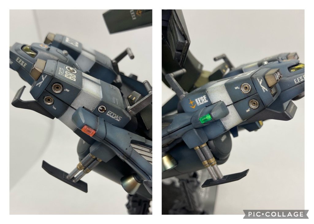 機首側面には機首を左右に振るためのスラスターを追加。緑と赤のポジションランプもクリアパーツで追加。