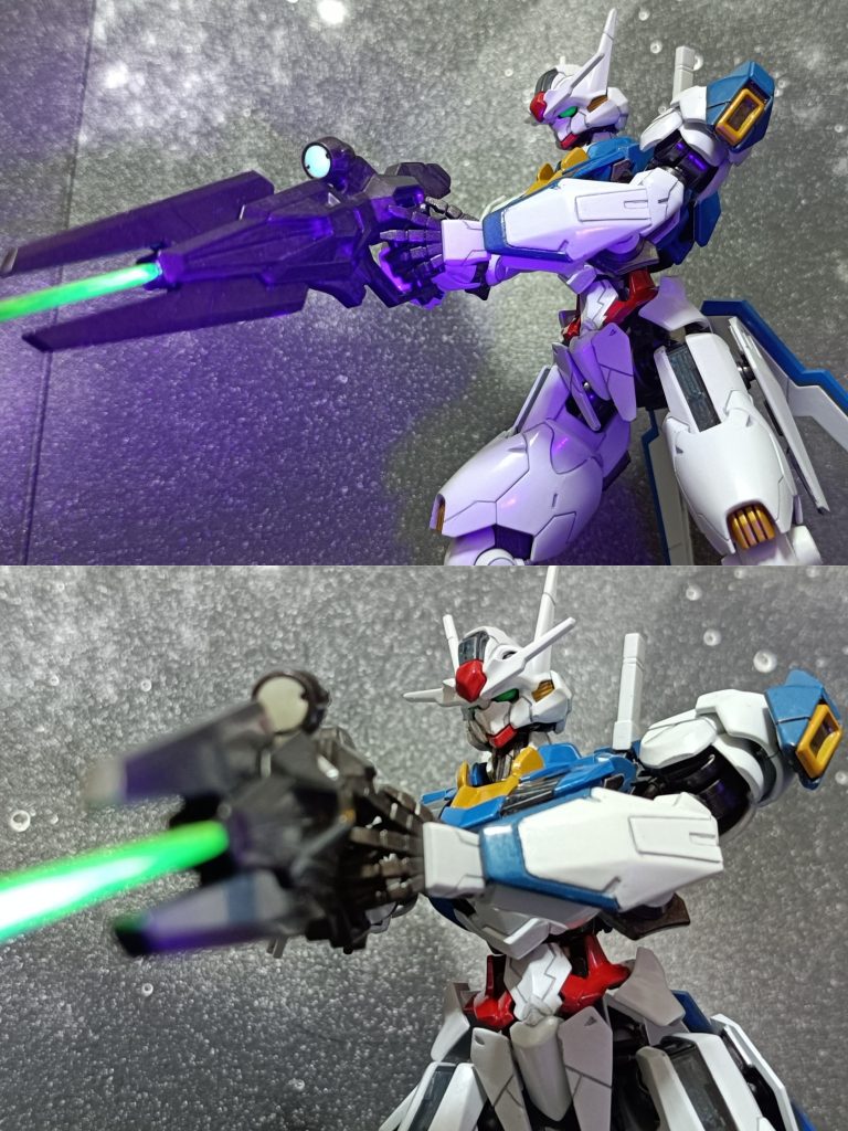 おまけ前に投稿したエアリアルでビットオンフォームを撮ってなかったので、「第3話 グエルのプライド」でのシーンを真似て。ビームライフルの閃光は、キット付属の青いビームサーベルに黄色の蛍光エナメルを塗ったものを、ビームライフルの銃口(?)に挿してます。