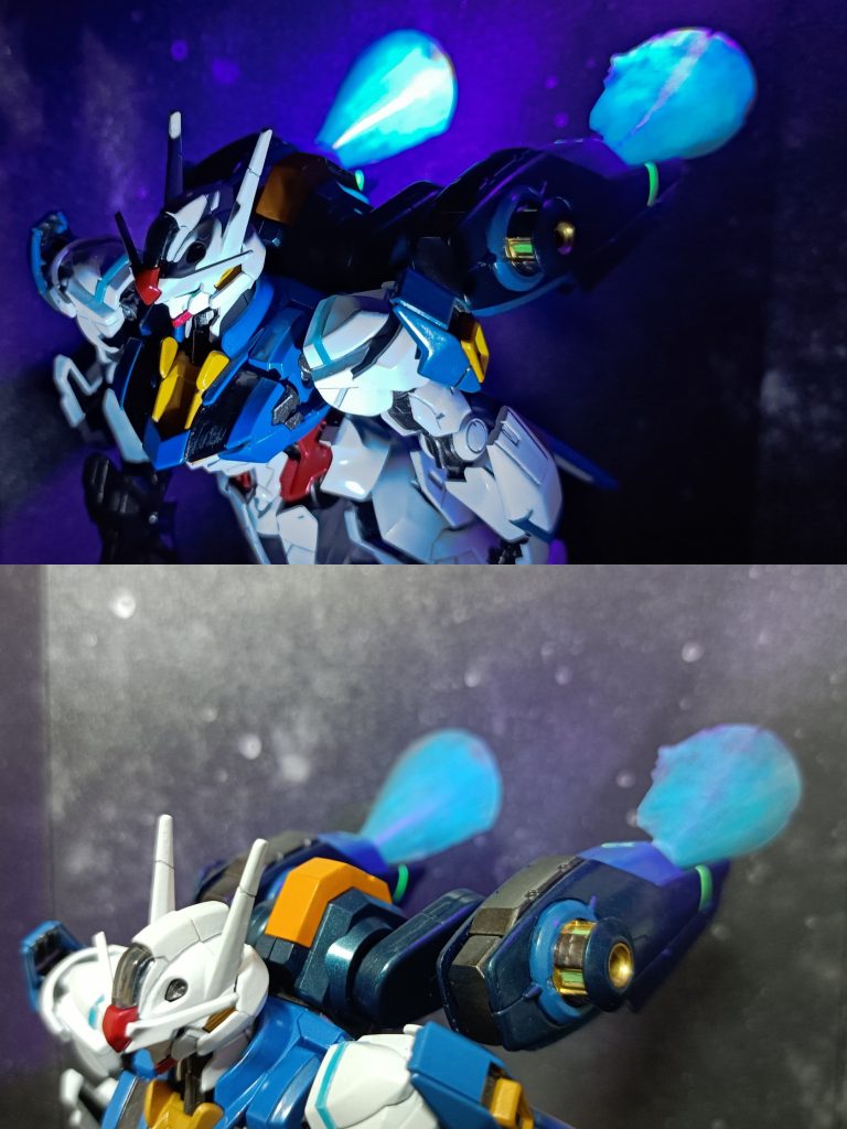 自作エフェクトスラスターが放つ光りを表現したくて、エフェクトパーツを作ってみました!蛍光塗料を混ぜたレジンを薄く延ばして、硬化しきらないうちに円錐形に成型して、スラスターに両面テープで着けただけの、お手軽なものですが^^;光らせるとそれなりにカッコ良くなったと思います(^o^)