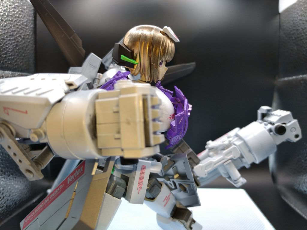 通販で値段を合わせるために購入したデカールを使用。慣れないことをしたんで疲れました。頭部も塗装した際にタンポ印刷が潰れたので、創彩少女庭園の瞳デカールの余りを張りました。