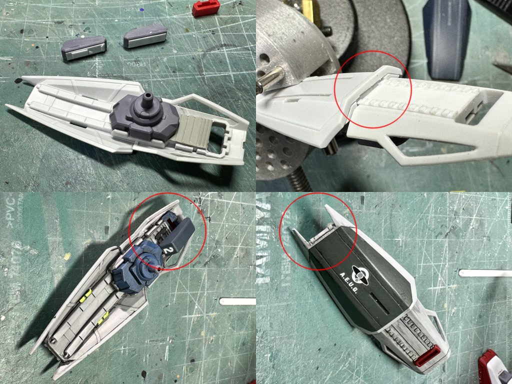 　手を動かしているうちにどんどんディテールが増えていったシールド。スライド機構があるので下段内側にはレールのモールドがあるのに上段外側になにも無いのは仕組み的におかしいじゃない？とラチェット構造をイメージしたレールを追加。　接合部分に溝を彫り、シールド下段が上にスライドするっぽい雰囲気に。　マウント部分と一体成型のライフル予備マガジンは切り離して整形し、片側だけシールドに装備。取り付け部分は適当なパーツでふさぎ、それらしく。　先端のアキュートは尖らせて、ディテール追加。スジボリして交換可能な別パーツのように。