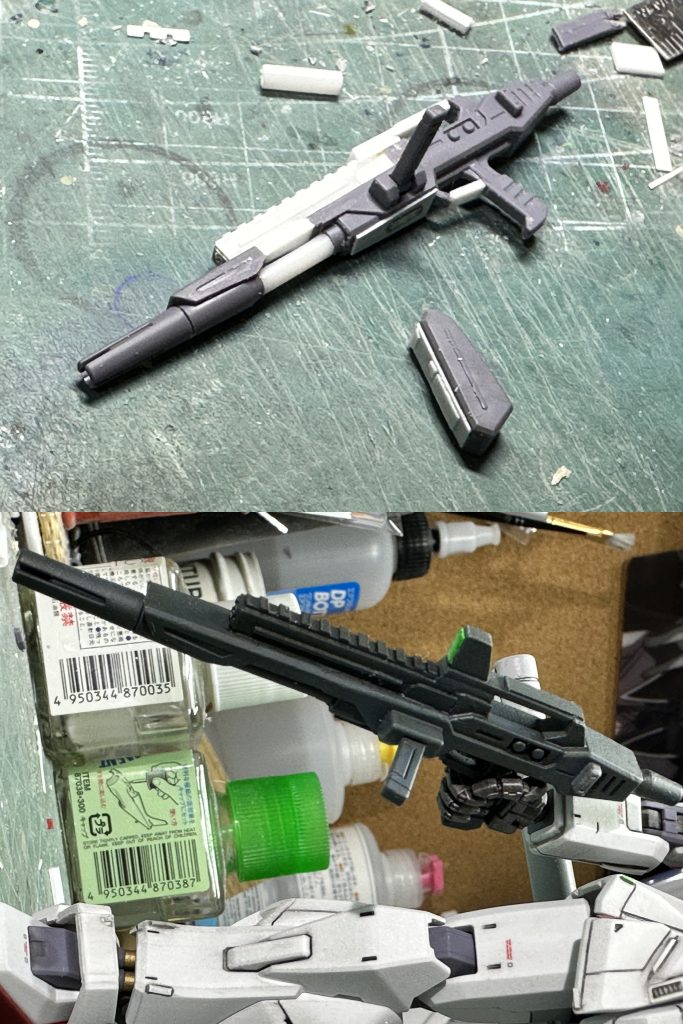 　HGUCコンプリート企画のために出来る限り素の状態を保とうと制作してきましたが、気が付いたらやっちまってました。　手に持たせたら、やたら貧弱に見えたビームライフル。これじゃハンドガンだよ、とバレル・レシーバー延長、タクティカルレール追加、キャリングハンドル、トリガーガード制作。　個人的にはレールに装着した円筒形の光学スコープにしたかったのですが、なんとか踏みとどまってオリジナルっぽいデザインの台形スコープにしました。