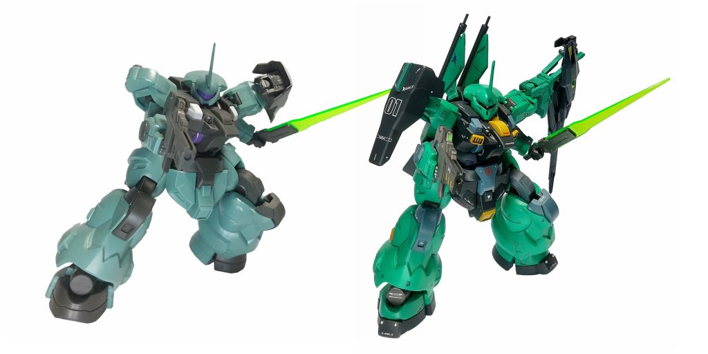 BEFORE/AFTERです。後で知ったのですが、肩の爪みたいなやつは、ウェポンラックだったのですね。長物の武器が欲しい・・ユーラヴェンガンダムのスナイパーライフルが色もちょうどよくマッチ。